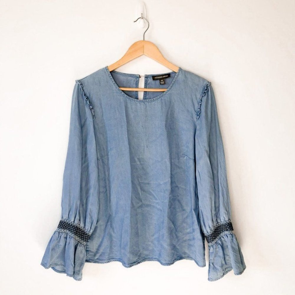 Alexander Jordan Chambray Long Sleeve Top Denim Blouse Boho Ruffle Statement Y2K